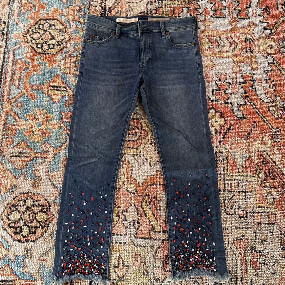 Anthropologie Dark Blue Jeans with Red and Green Embellishments
